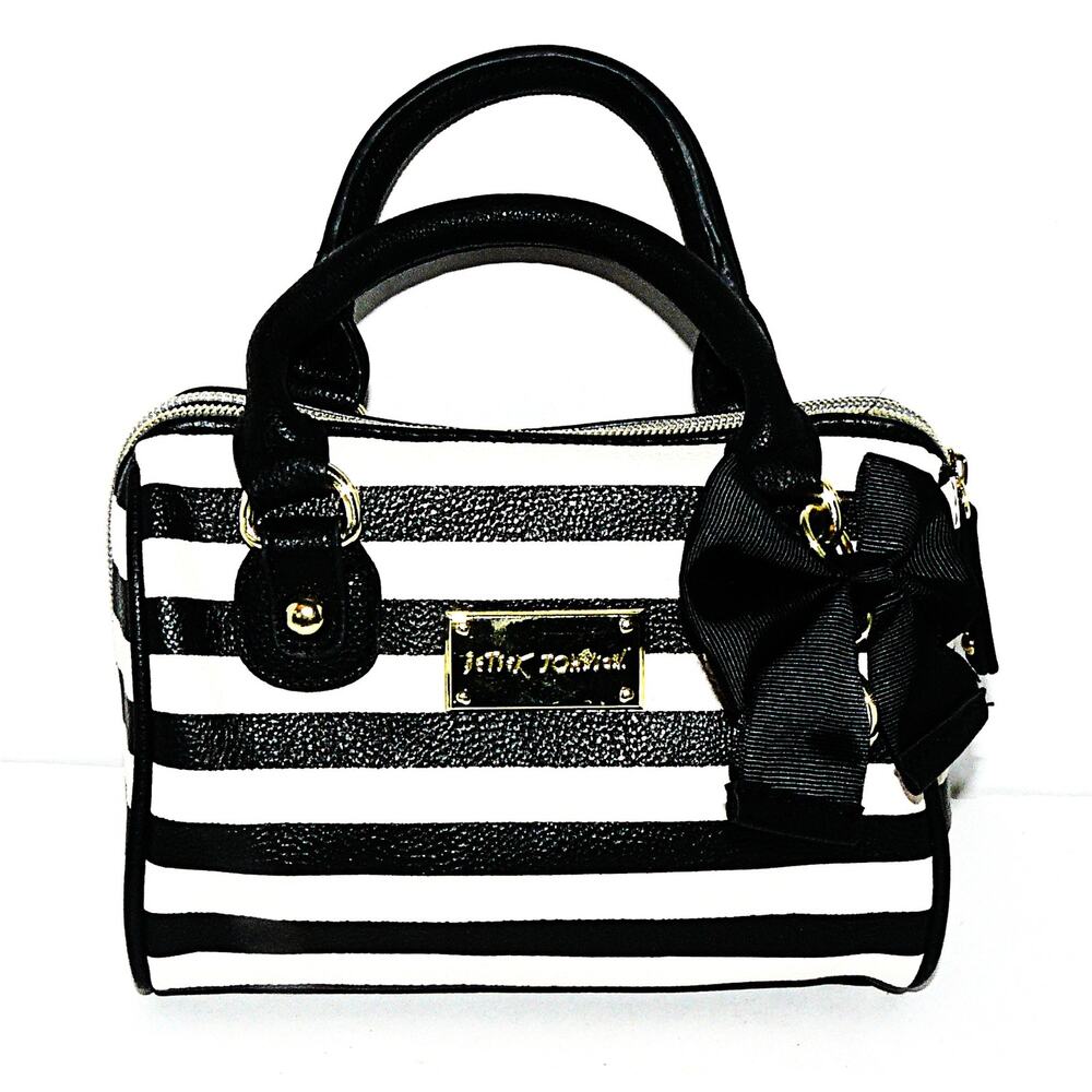 Betsey Johnson Black & White Striped Hand Shoulder Bag Bow Accent Gold Hardware